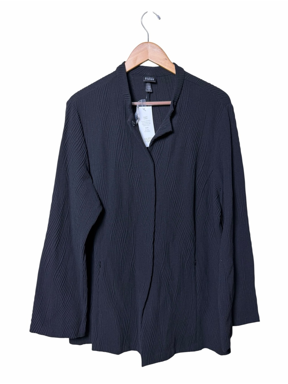 Eileen Fisher XL Black Wavy Rib Textured Mandarin Collar Jacket NWT